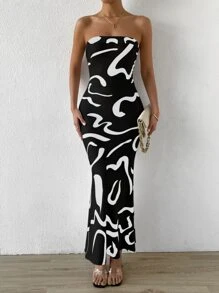 Chiquease Graphic Print Mermaid Hem Tube Dress - Black - View 3