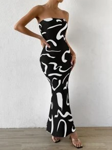 Chiquease Graphic Print Mermaid Hem Tube Dress - Black - View 6