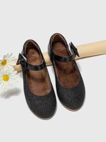 女孩金屬亮絲蝴蝶結裝飾加絨內裏瑪麗珍平底鞋