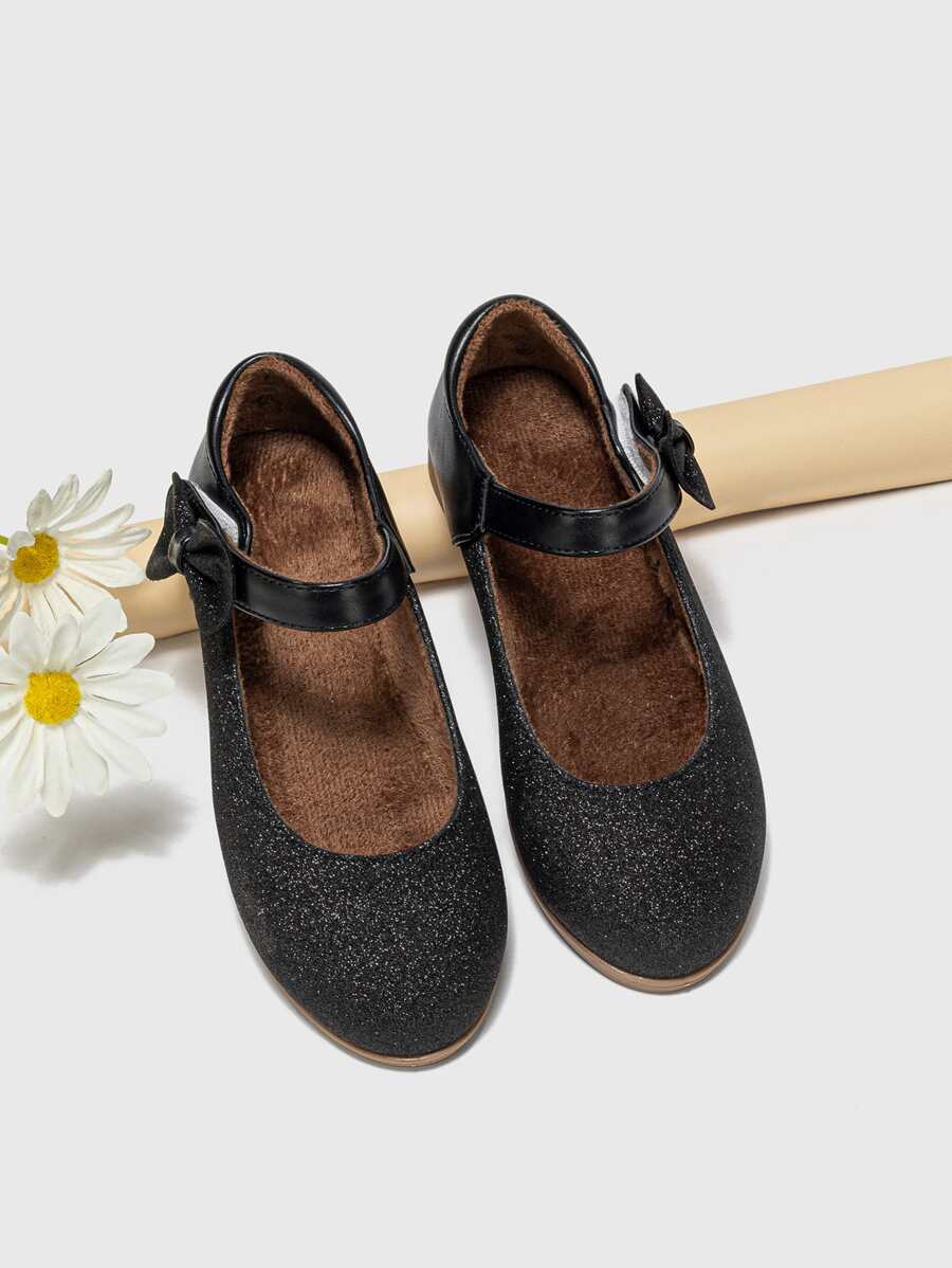 女孩金屬亮絲蝴蝶結裝飾加絨內裏瑪麗珍平底鞋