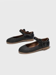 女孩金屬亮絲蝴蝶結裝飾加絨內裏瑪麗珍平底鞋
