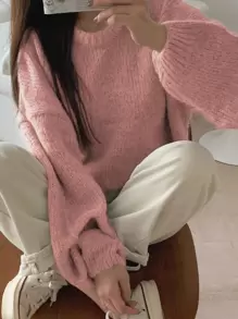 DAZY 落肩罗纹针织毛衣、长袖上衣、秋季女装 - 粉色 - 查看 2