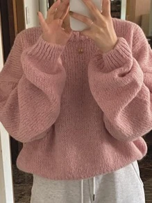 DAZY 落肩罗纹针织毛衣、长袖上衣、秋季女装 - 粉色 - 查看 3