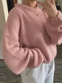 DAZY 落肩罗纹针织毛衣、长袖上衣、秋季女装 - 粉色 - 查看 6