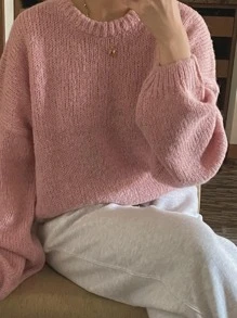 DAZY 落肩罗纹针织毛衣、长袖上衣、秋季女装 - 粉色 - 查看 7