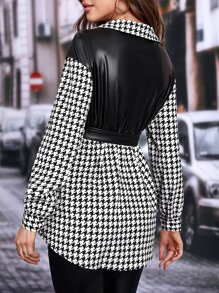 SHEIN Privé Houndstooth Print Belted PU Leather Shirt,Long Sleeve Tops - Black and White - View 2