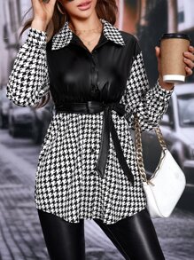 SHEIN Privé Houndstooth Print Belted PU Leather Shirt,Long Sleeve Tops - Black and White - View 4
