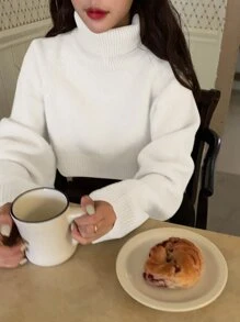 DAZY Suéter corto de cuello alto y mangas raglán, ropa de mujer de otoño - Blanco - Ver 4