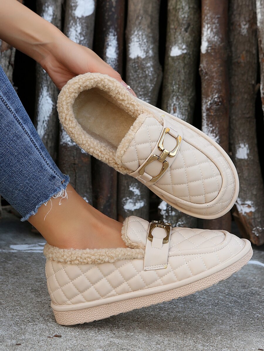 Metal Decor Thermal Lined Flat Loafers - Beige - View 1