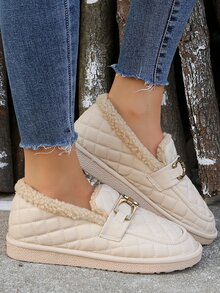 Metal Decor Thermal Lined Flat Loafers - Beige - View 4