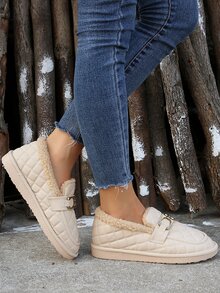 Metal Decor Thermal Lined Flat Loafers - Beige - View 5