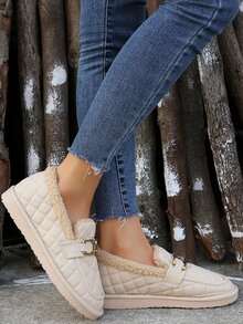 Metal Decor Thermal Lined Flat Loafers - Beige - View 7