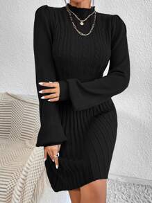 SHEIN LUNE Mock Neck Lantern Sleeve Cable Knit Jumper Dress - Black - View 3