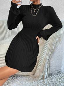 SHEIN LUNE Mock Neck Lantern Sleeve Cable Knit Jumper Dress - Black - View 5