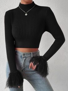 Allurite Mock Neck Fuzzy Cuff Crop Sweater - Black - View 1