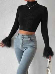 Allurite Mock Neck Fuzzy Cuff Crop Sweater - Black - View 5