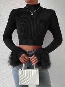 Allurite Mock Neck Fuzzy Cuff Crop Sweater - Black - View 6