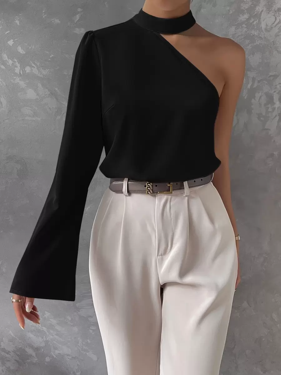 Firerie Blusa asimétrica con cuello y apertura, manga larga - Negro - Ver 1