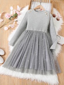 Girls Contrast Star Mesh Hem Dress - Grey - View 1