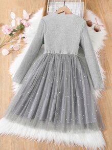 Girls Contrast Star Mesh Hem Dress - Grey - View 2