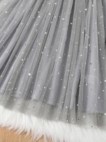 Girls Contrast Star Mesh Hem Dress - Grey - View 3