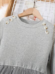 Girls Contrast Star Mesh Hem Dress - Grey - View 4