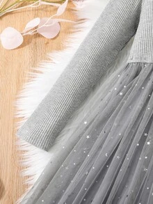 Girls Contrast Star Mesh Hem Dress - Grey - View 5