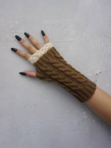 Contrast Lace Fingerless Gloves - Khaki - View 2
