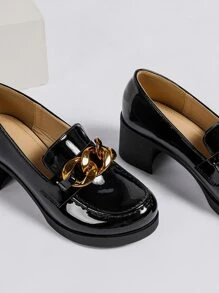 Mocasins tacón con diseño de cadena con tacón grueso - Negro - Ver 7