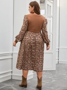 SHEIN Privé Vestido con cinturón con estampado floral de manga farol - Multicolor - Ver 2