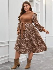 SHEIN Privé Vestido con cinturón con estampado floral de manga farol - Multicolor - Ver 3