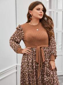 SHEIN Privé Vestido con cinturón con estampado floral de manga farol - Multicolor - Ver 4