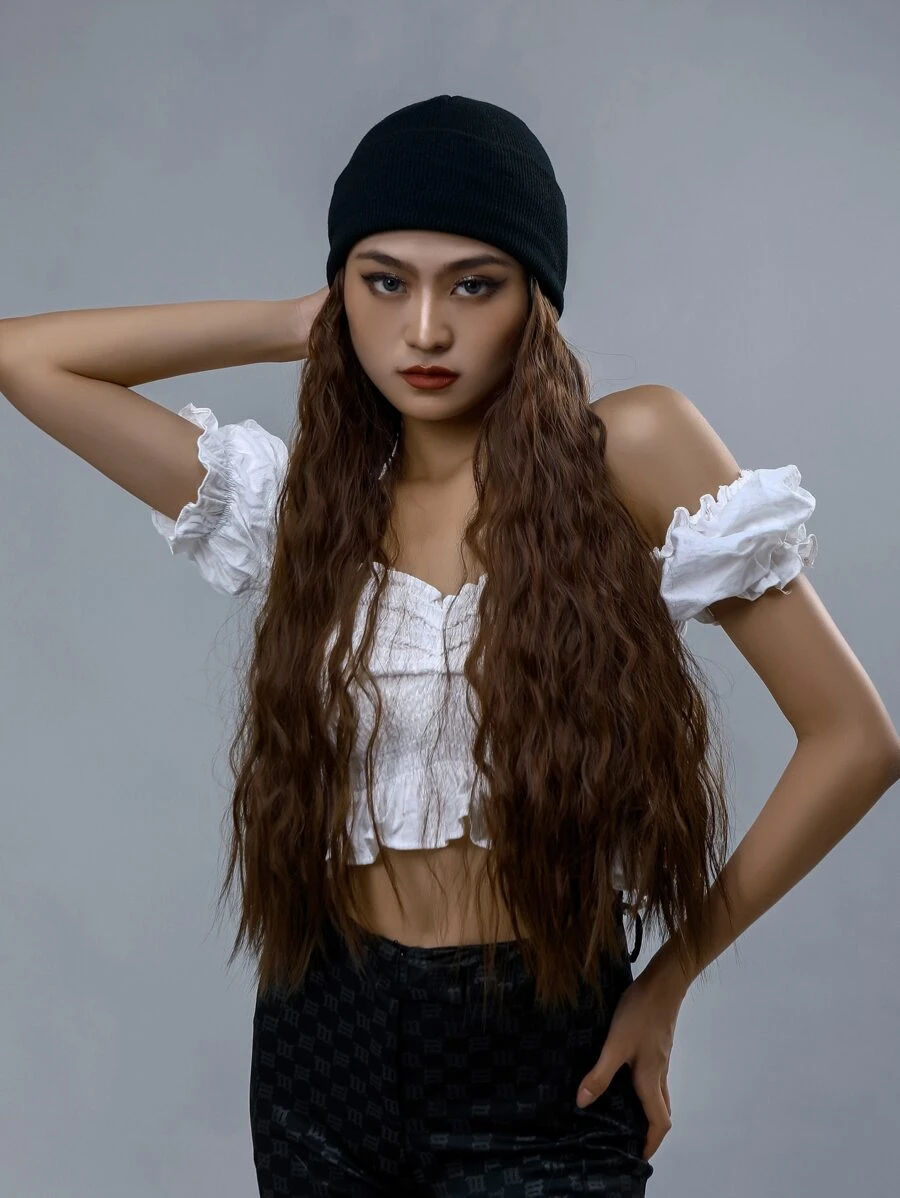 自然超長卷人造假髮附帽子 - 棕色 - 查看 1