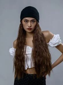 自然超長卷人造假髮附帽子 - 棕色 - 查看 7