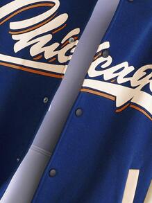 Aesthetic Post--Loose Men's Letter Printed Drop Shoulder Varsity Jacket Without Hood - Navy Blue - View 4