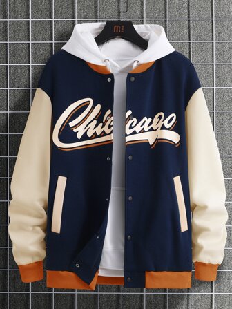 Chaqueta Universitaria De Hombro Caído Y Ajuste Holgado Para Hombre Con Gráfico De Letras, Sin Capucha