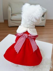 1pc Bow Decor Houndstooth Print Pet Dress - Red - View 1