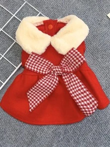 1pc Bow Decor Houndstooth Print Pet Dress - Red - View 2