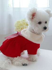 1pc Bow Decor Houndstooth Print Pet Dress - Red - View 3