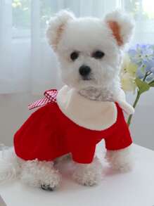 1pc Bow Decor Houndstooth Print Pet Dress - Red - View 4