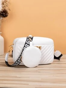 Chevron Detail Twist Lock Square Bag With Coin Purse - White - View 3