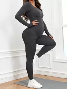 SHEIN Maternity Solid Nursing Tee & Leggings Set - Dark Grey - View 1