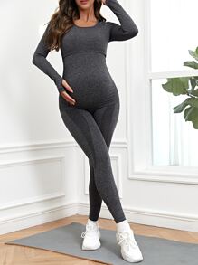 SHEIN Maternity Solid Nursing Tee & Leggings Set - Dark Grey - View 4