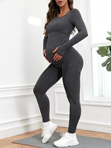 SHEIN Maternity Solid Nursing Tee & Leggings Set - Dark Grey - View 6