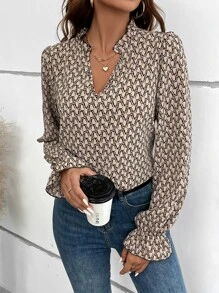 SHEIN Clasi Allover Print Notched Neck Flounce Sleeve Blouse - Multicolor - View 1