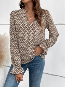 SHEIN Clasi Allover Print Notched Neck Flounce Sleeve Blouse - Multicolor - View 4