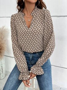 SHEIN Clasi Allover Print Notched Neck Flounce Sleeve Blouse - Multicolor - View 5