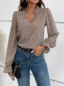 SHEIN Clasi Allover Print Notched Neck Flounce Sleeve Blouse - Multicolor - View 6