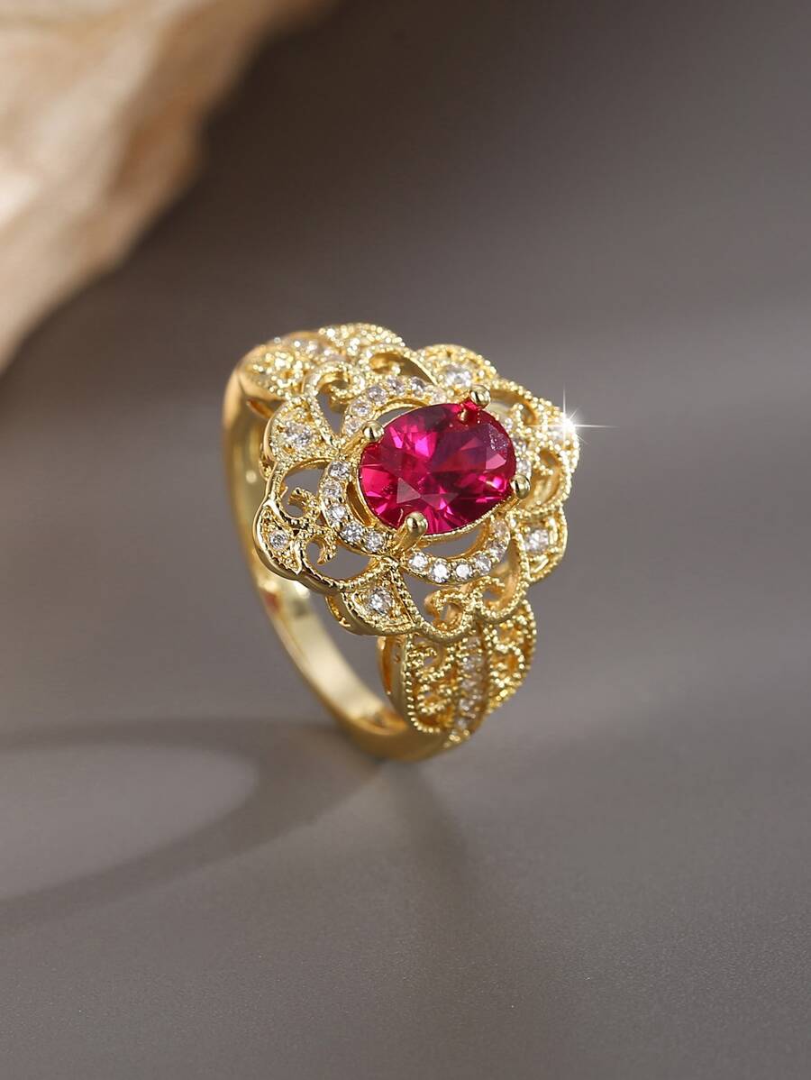 Charm-In 1入組方晶鋯石裝飾戒指銅首飾類 - 金黃色 - 查看 1