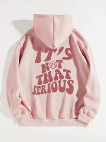 SHEIN EZwear Slogan & Cartoon Face Print Drawstring Thermal Lined Hoodie - Baby Pink - View 1